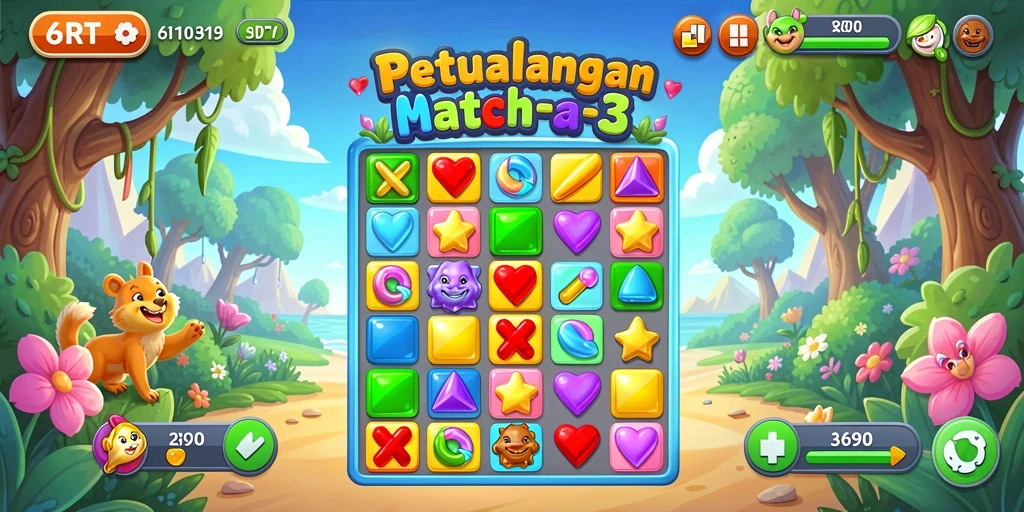 Screenshot gameplay 6RT menampilkan aksi seru permainan Match-3.