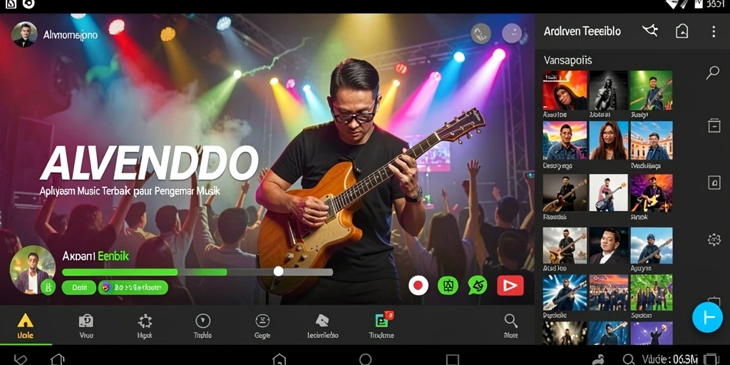 Tampilan utama ALVENDO menampilkan pilihan lagu dan playlist menarik.