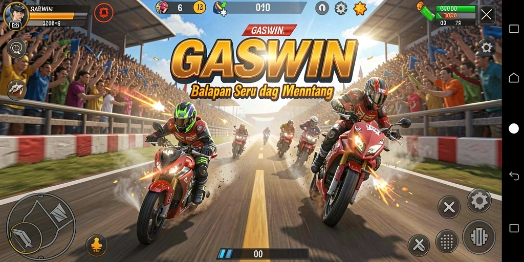 Screenshot utama GASWIN menampilkan aksi balapan yang mendebarkan.