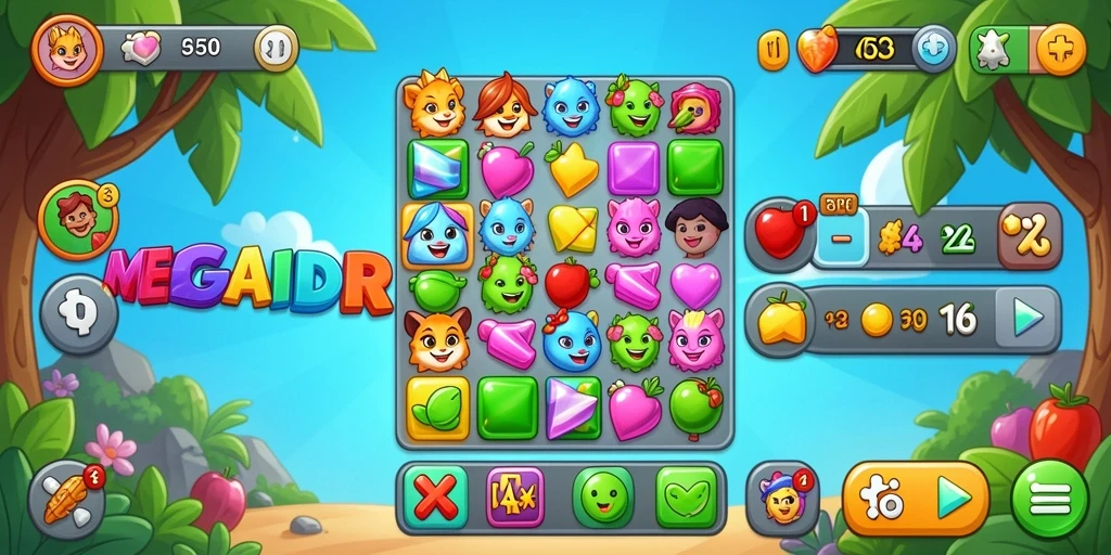 Tampilan gameplay seru dari MEGAIDR dengan kombinasi Match-3 yang memukau.