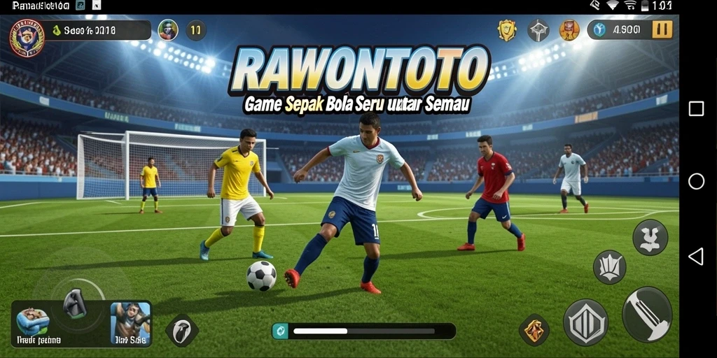 Tampilan gameplay seru dalam RAWONTOTO yang menampilkan aksi sepak bola.