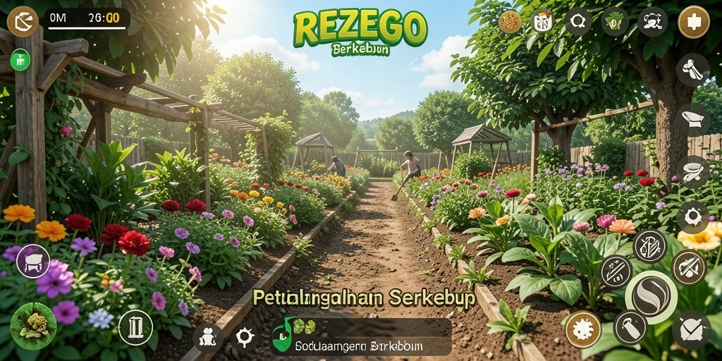Tangkapan layar gameplay REZEGO yang menampilkan perkebunan hijau subur.
