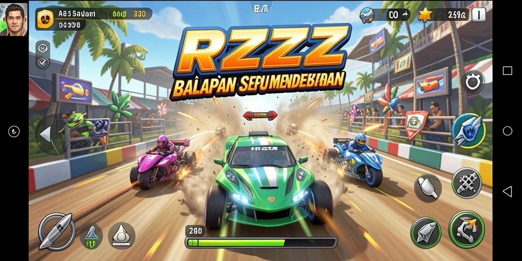 Screenshot utama RPZZZ menampilkan aksi balapan yang mendebarkan.